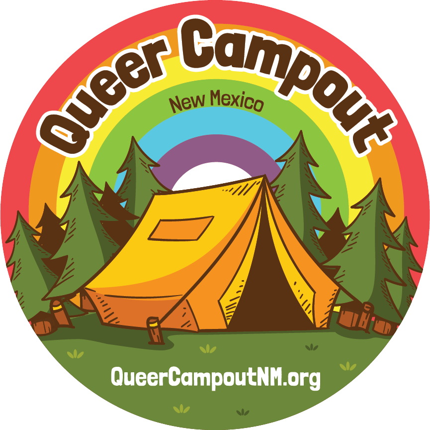 Round graphic of a yellow camping tent in the woods with a rainbow background.