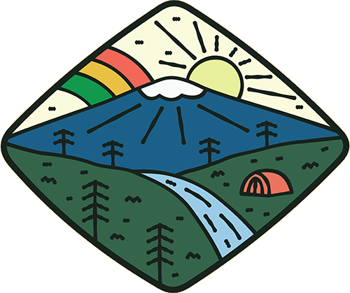 Illustration of a mountain valley with a river and camping text. The sun is shining on the right and there is a rainbow on the left.