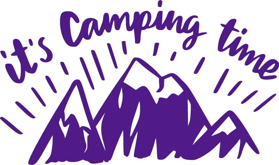 Illustration of a mountain range with text that reads "it's camping time."