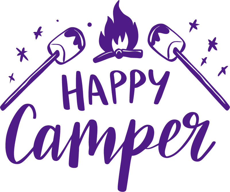 Purple graphics on a white background. Simple imagery shows marshmallows roasting over a campfire with sparks or stars surrounding. Large in the middle of the image are the words "happy camper"