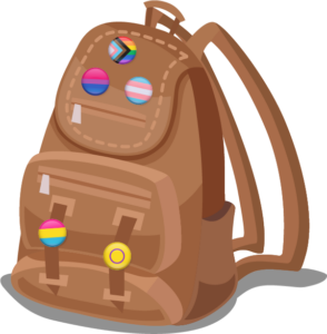 Cartoon-style graphic of a brown backpack decorated with colorful pride flag buttons, including rainbow, transgender, bisexual, and pansexual pride pins.